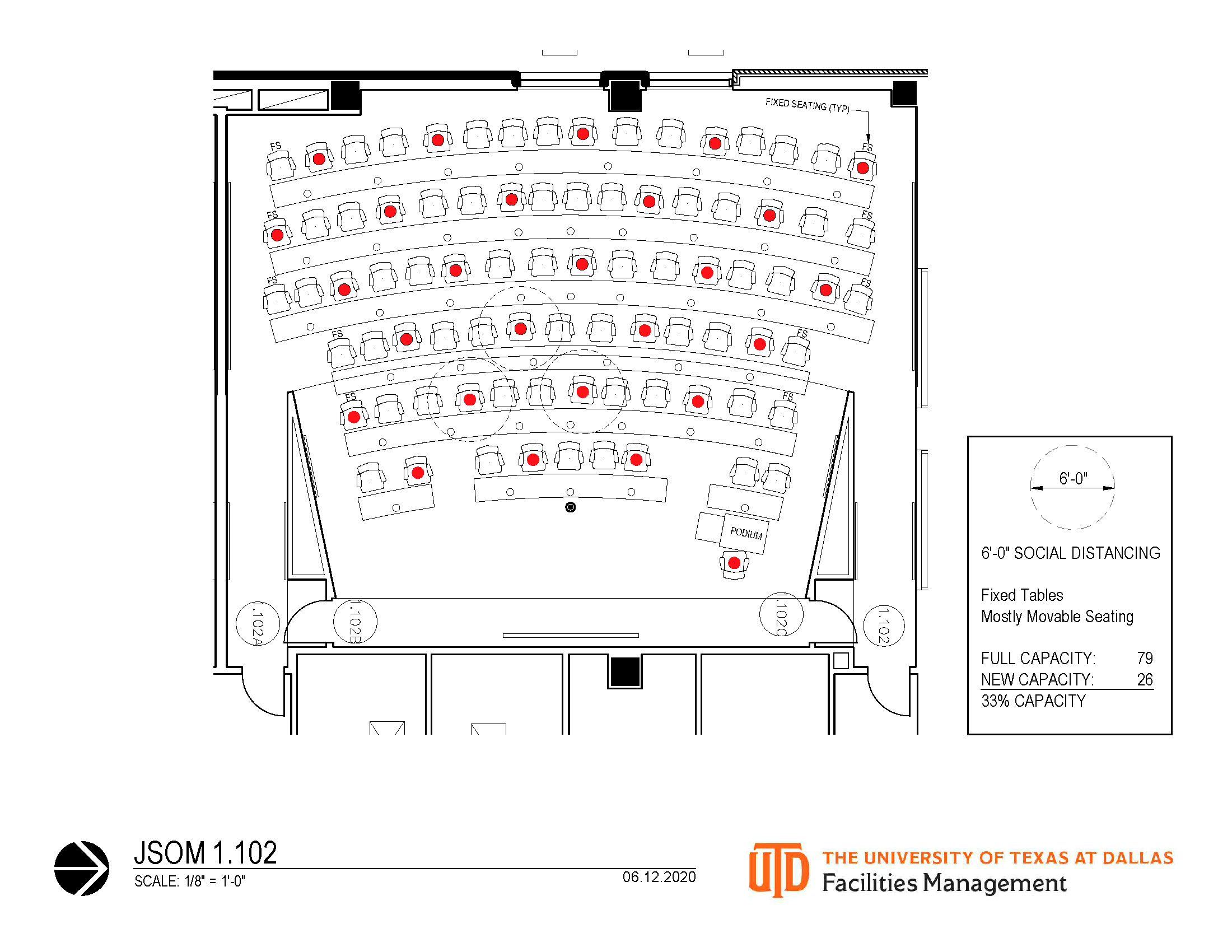 A diagram of a social distance classroom shows which seats are open for students to use during a lecture.