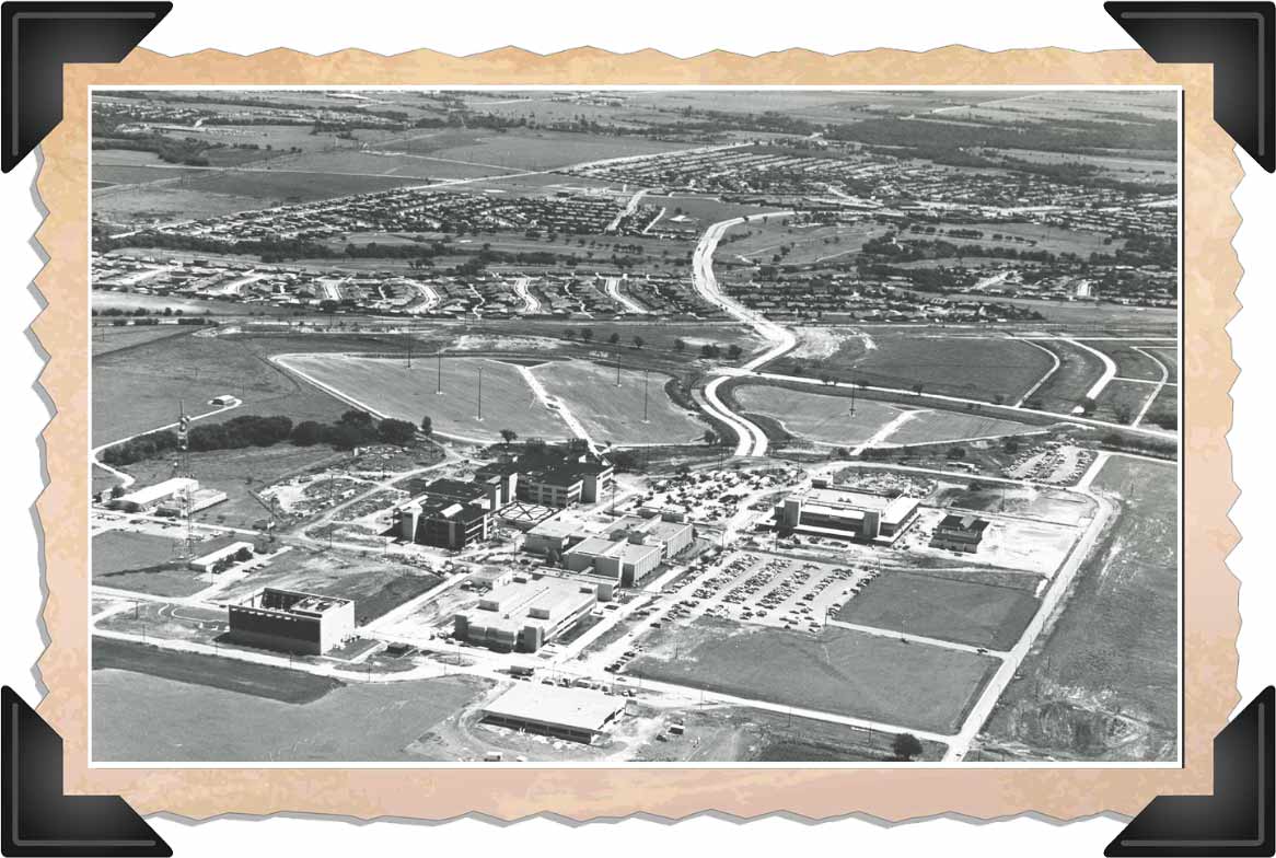 black and white, aerial photo of UT Dallas