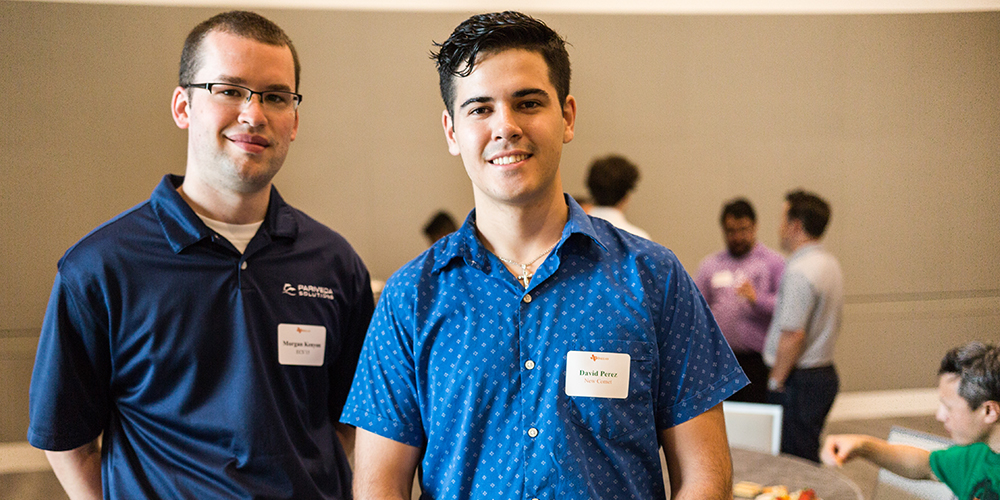 Morgan Kenyon BS’15 (left) met with incoming freshman David Perez at the Dallas summer send-off event on Aug. 7 at the Davidson-Gundy Alumni Center.