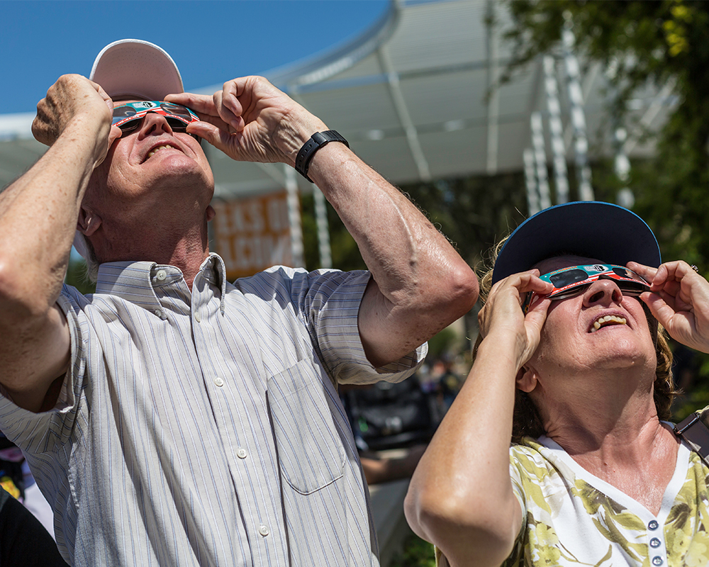 Professor Rod Heelis and his wife viewed the eclipse from Trellis Plaza.