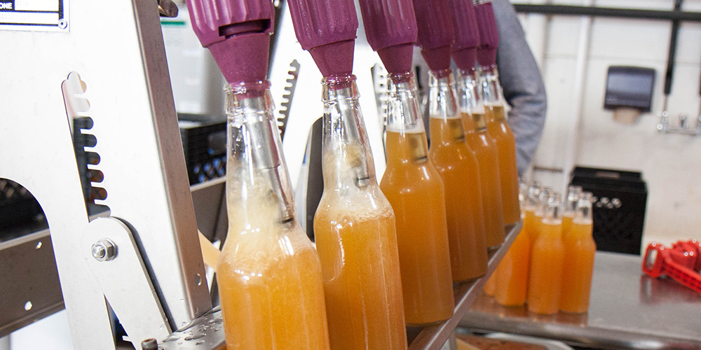 A machine fills bottles with cider