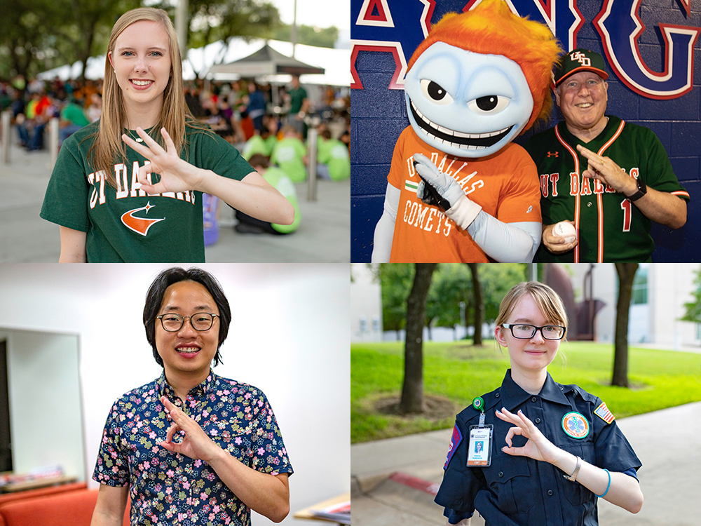 Students, Temoc, UTD President Richard Benson and comedian Jimmy Yang hold up mini Whooshes