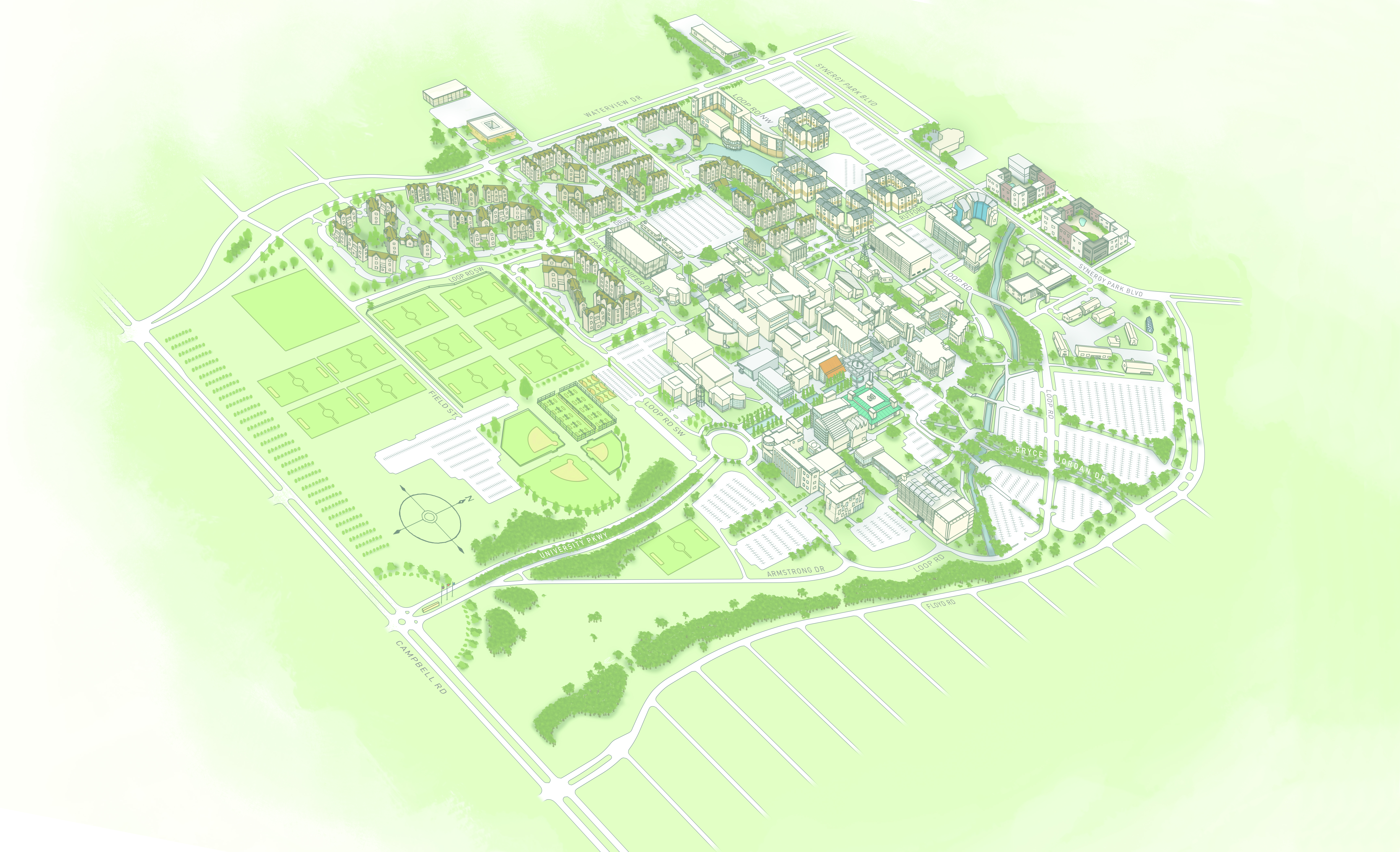 Aerial rendering of the campus