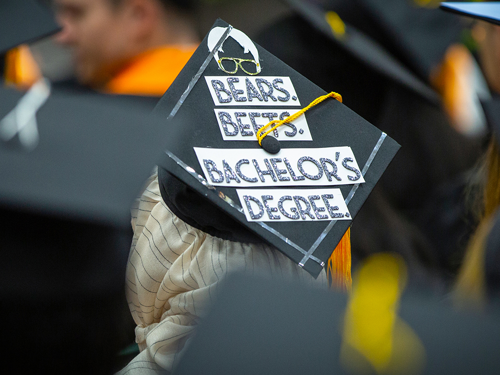 Graduation cap that reads bears, beets, bachelor’s degree