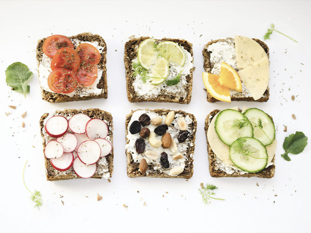 Healthy foods on six pieces of toast
