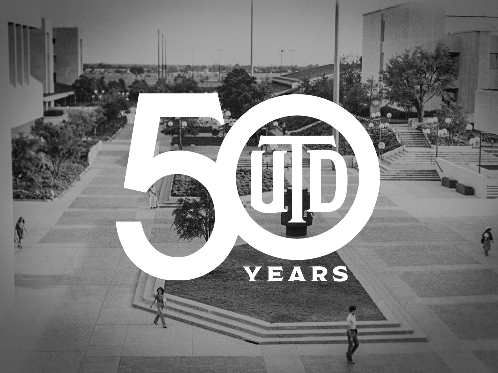 The UT Dallas 50th anniversary logo placed on top of an archive image of the north mall