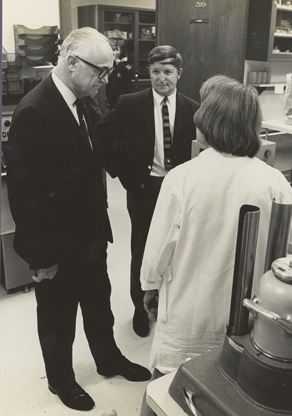 Texas Gov. Preston Smith (left) toured the molecular biology facilities with Dr. Royston Clowe in 1969.