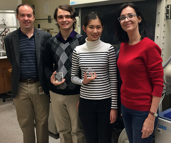 Chemistry students Gino Occialini and Annie Yang with their faculty advisers Dr. Ron Smaldone (left) and Dr. Mihaela Stefan (right) 
