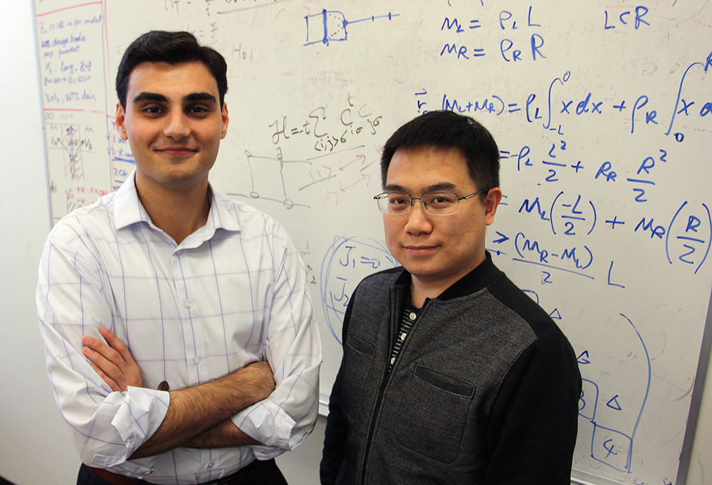 Dr. Fan Zhang, assistant professor of physics, and senior physics student Armin Khamoshi 