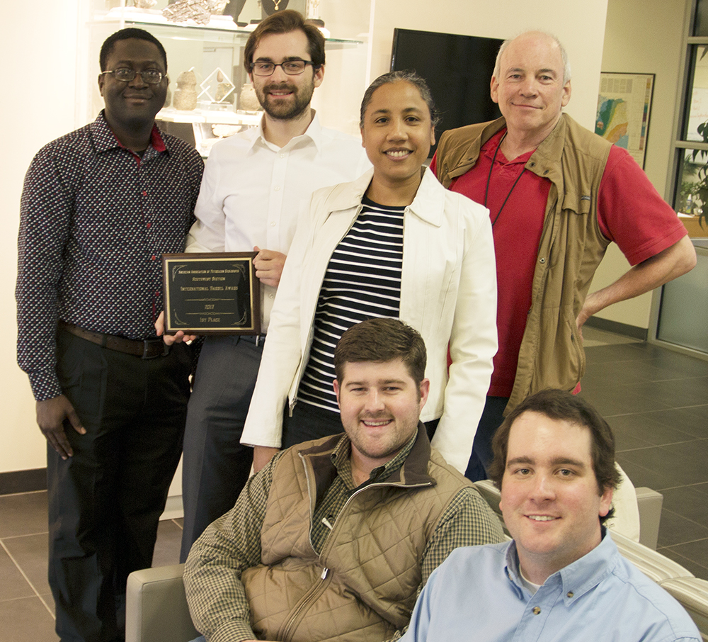 UT Dallas geosciences graduate students will compete against other university teams for the Imperial Barrel Award on Saturday in Houston. Team members are (standing) Ozo Obuseh, Nicholas Reynolds, Naomi Nichols and faculty advisor Dr. Robert Stern. Seated are Jack Cassels and Andrew Marietta.