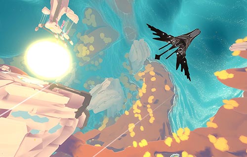 a dark aircraft flies through the colorful landscape of InnerSpace