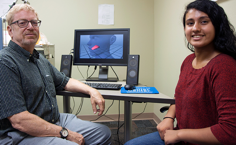 Dr. William Katz, a professor of speech science and neurolinguistics in the School of Behavioral and Brain Sciences, and Divya Prabhakaran, a senior at Plano East Senior High School, have worked together to research systems that provide visual feedback for speech therapy patients.