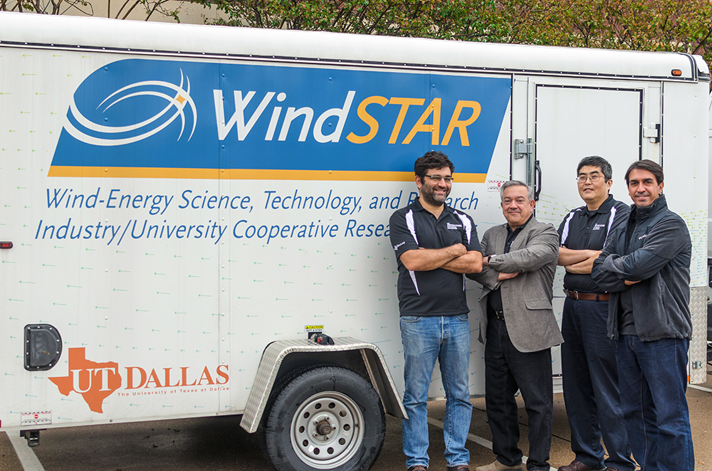 WindSTAR, the center for Wind Energy, Science, Technology and Research, works to develop technologies to increase energy capture in wind turbines and wind farms, and improve the reliability of wind turbines. Pictured, from left, are members of the UT Dallas team: associate professor Stefano Leonardi, professor Mario Rotea, associate professor Yaoyu Li and assistant professor G. Valerio Iungo. 