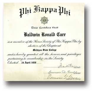 Baldwin Ronald Carr Phi Kappa Phi Certificate