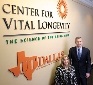 Dr. Denise Park and Dr. Michael Rugg backed by the Center for Longevity logo