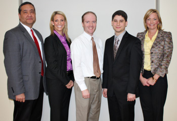 ECS Scholarship Breakfast: (Left to right): Ericsson attendees include (left to right): Paul Miesse, vice president of human resources, Jennifer Bonicelli, staffing director, Henry Bright, scholarship recipient and intern, Michael Mirsky, scholarship recipient, Sara Farinacci, university relations program manager